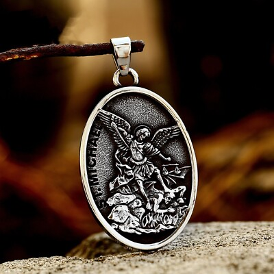 Mens St Michael Archangel Pendant Necklace Catholic Jewelry Stainless Steel 24quot; $10.99