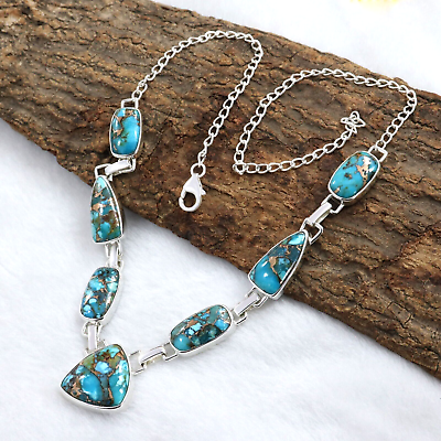 #ad Natural Blue Copper Turquoise Necklace Silver 925 Sterling Handmade Jewelry 18quot; $155.00