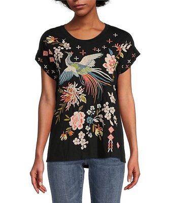 #ad Johnny Was Ceretti Relaxed Tee Special Flower Black Floral Bird Cotton Shirt New $128.00