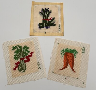 #ad 3 Vintage Finished Needlepoint Fruits Vegetables Cottage Core 4.5” x 5.5” $18.95
