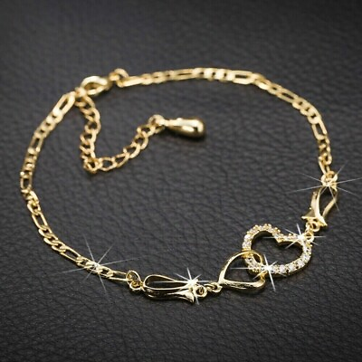 #ad Double Heart Women#x27;s Anklet Round Cut Lab Created Diamond 14K Yellow Gold Plated $99.99