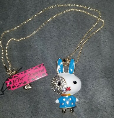 #ad Blue And White Enamel Cute Mr. Bunny Rabbit Necklace Betsey Johnson $25.00