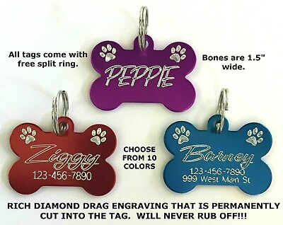 Custom Engraved Bone Paw Print Pet Tag Dog Cat ID Name Animal 10 COLORS PREMIUM $4.49