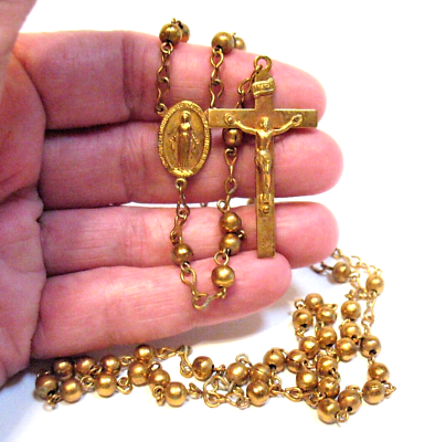 #ad VINTAGE NECKLACE ROSARY GOLD BEADS $40.00