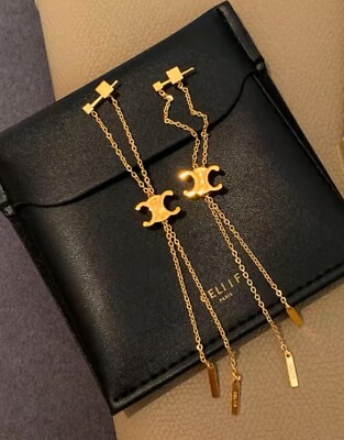 #ad Celine Style Triomphe Gold Dangle Chain Earrings AU $50.00