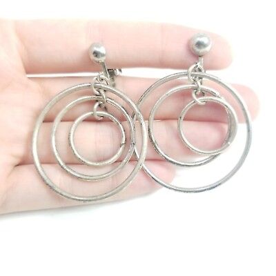 #ad Vintage Dangle Hoop Clip On Earrings Silver Tone Light Weight Layered Estate $25.00