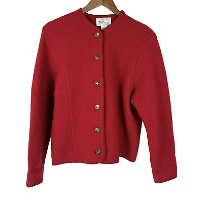 #ad Vintage TALLY HO Womens Red Cardigan Sweater Jacket 100% Wool Size Medium $33.20
