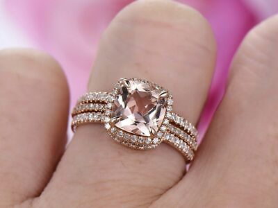 #ad 3Ct Cushion Cut Morganite Halo Bridal Set Engagement Ring 14k Rose Gold Finish. $79.20