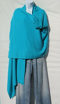 #ad 100% Cashmere ShawlThrow Oversized HandLoomed 4 Ply Wide Herringbone Turquoise $89.10