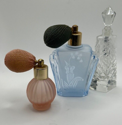 #ad Set of 3 Vintage Glass Perfume Bottles; 2 w Atomizers 1 w dauber JCS $24.99