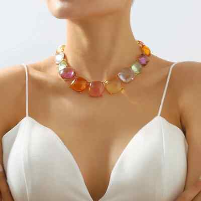 #ad Rainbow Acrylic Gold Choker Necklace Fashion Statement Big Chunky Resin Women $15.95