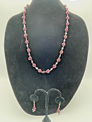 #ad Vtg Natural Garnet Beaded Necklace Earrings Dark Red Purple Gemstones Handmade $49.00