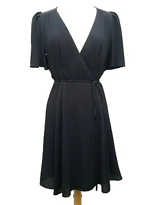 #ad BETSEY JOHNSON Sz 6 Flutter Sleeve Dress Side Wrap Black Tie Real $99 $44.99