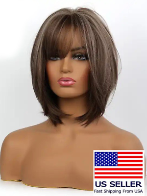 #ad Highlight Color 14 inch Bob with Bangs Brown Heat Resistant Synthetic Fiber Wigs $14.99