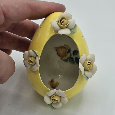 #ad Yellow Hollow Cut Out Egg Easter Decor Porcelain Roses $5.70