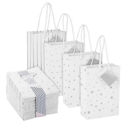 24 Pack Paper Gift Bags with Handles 4 Silver Foil Designs 7.9 x 5.5 x 2.5 In $20.99