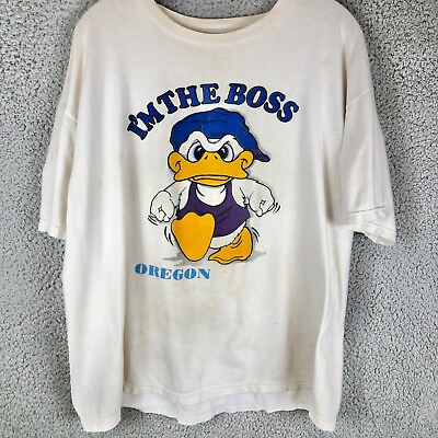 #ad Vintage Oregon I#x27;m The Boss Duck Shirt Mens Large 90s Cartoon Cartoon Tee White $23.99