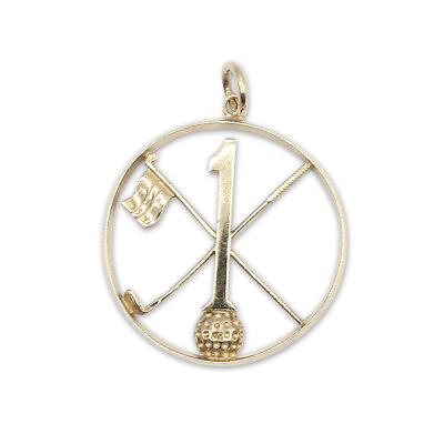 #ad Golf Pendant 9ct Gold Unique Gift Number 1 Golf Club Flag Ball 28mm Hallmarks GBP 170.00