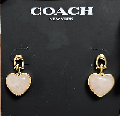 #ad NEW COACH GOLD PLATED LOGO PINK HEART SHAPED QUARTZ DROP EARRINGS NWT $49.99