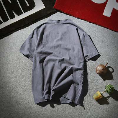 #ad Casual Neck Plain Loose T Shirt Short Sleeve Summer Grandad Shirts UK Men $12.87