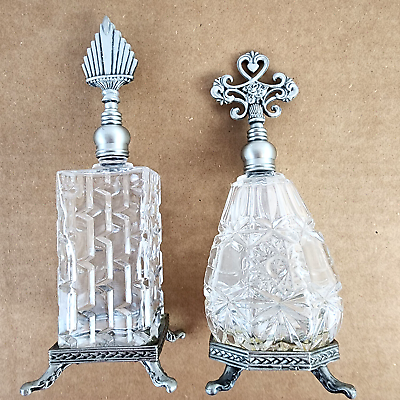 #ad Decorative Glass Perfume Bottles Silver Tone Metal Stoppers amp; Footed Stands 8” $11.99