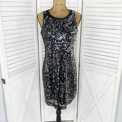 #ad Banana Republic Dress Women 2 Black Silver Sequin Sleeveless Shift Party Mirror $29.88