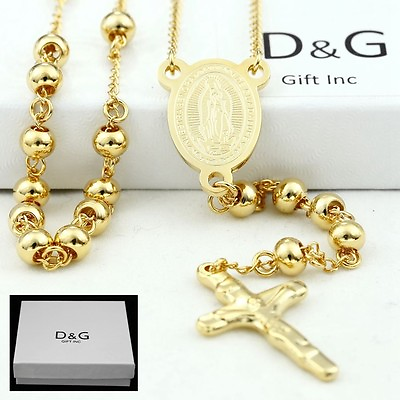 #ad DG Men#x27;s 26quot; Stainless Steel Beaded Rosary VIRGIN MARYJESUS CROSS.Necklace..BOX $16.95