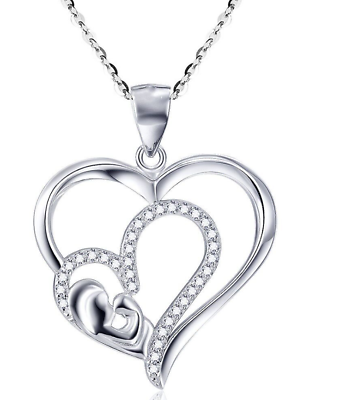 #ad 18k White Gold Plated Mother Child Love Heart Pendant Necklace Gift MoM Gift S2 $5.98
