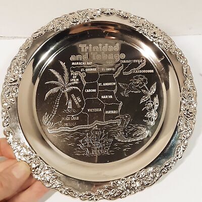 #ad Antique Trinidad and Tobago Vintage Round Silver Plate 9 Inch Collectible Decor $34.91