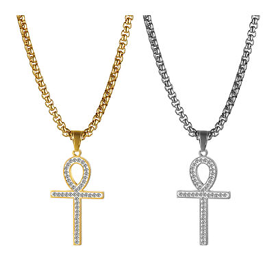 Stainless Steel Egyptian Cz Ankh Cross Pendant Chain Necklace For Men Hip Hop $10.99