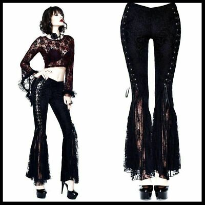 #ad Gothic Women Black Sexy Lace Flare Pants Lace Up Vintage Ankle Length Trousers GBP 52.77