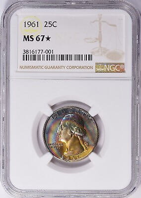 #ad 1961 P Washington Quarter NGC MS67* Star Rainbow Toned Monster Toning Rare Coin $4850.00