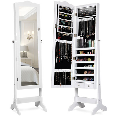 #ad Jewelry Mirrored Cabinet Armoire Storage Organizer w Drawer amp; Led Lights White $99.99