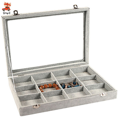 #ad 12 Grids Jewelry Box Storage Organizer Ring Earring Necklace Display Box Flannel $17.10