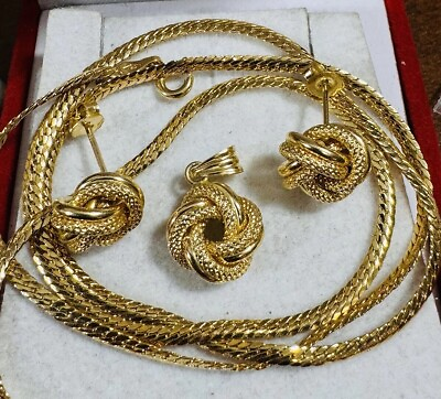 #ad 18K Genuine Saudi UAE Gold Love Knot Set Earring Necklace 20” Long 2.5 mm 6.7g $790.00