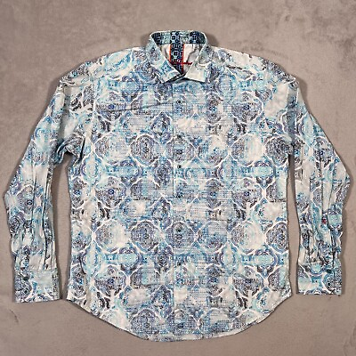 #ad Robert Graham Shirt Mens Large Blue White Paisley Long Sleeve Button Up Cotton $34.95