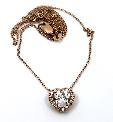 #ad 14k Solid Rose Gold White Topaz amp; Diamond Heart Love Pendant Necklace $224.99