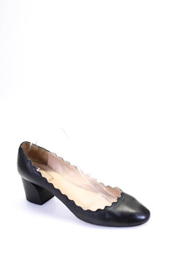 #ad Chloe Women#x27;s Leather Round Toe Scallop Edge Block Heels Black Size 9 $76.87
