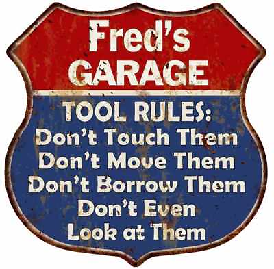 #ad Fred#x27;s Garage Man Cave Rules Personalized Gift Shield Metal Sign 211110001060 $24.95
