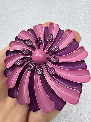 #ad Purple Enamel Metal Flower Brooch Large Mod Floral Pin Vtg Jewelry 50s 60s $49.99