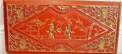 #ad Antique piece from Chinese dresser wood red and gold unique $40.00
