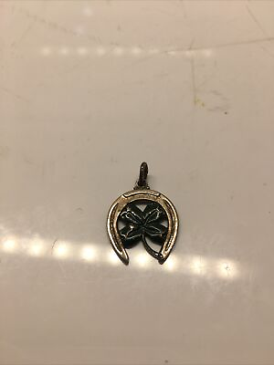 #ad Vintage Griffith FOUR LEAF CLOVER In HORSESHOE GOOD LUCK Sterling ENAMEL Charm $13.99