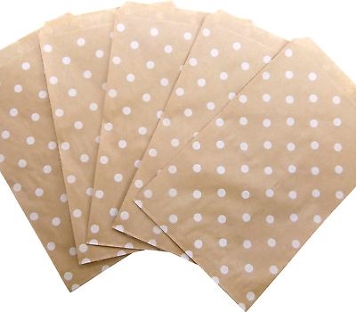 #ad 20 Qty 4quot; X 6quot; Decorative Flat Paper Gift Bags White Polka Dot on Brown Kraft $5.95