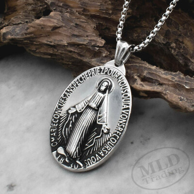 #ad Extra Large 1 3 4quot; Stainless Steel Virgin Mary Miraculous Medal Pendant Necklace $14.99