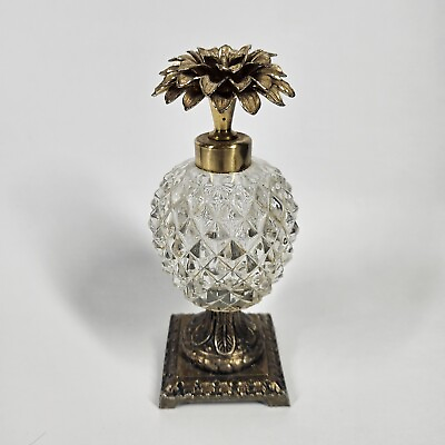 #ad Brass amp; Glass Pineapple Perfume Atomizer Sprayer Bottle Vintage w Floral Top $29.99