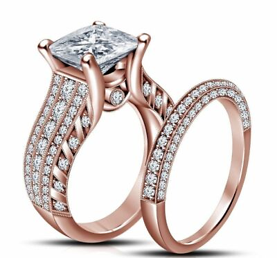 #ad 3.34 ct White Princess Diamond Bridal Set Rose Gold Rhodium Ring Lab Created $175.00