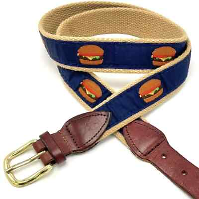 #ad Cape Cod Cheeseburger Ribbon Belt L 40 Leather Tab Brass Buckle Blue Preppy FLAW $26.69