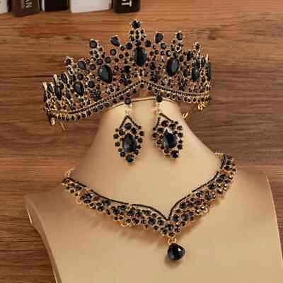 #ad #ad Gold Color Black Crystal Bridal Jewelry Sets Crown Earrings Choker Necklace New $18.62