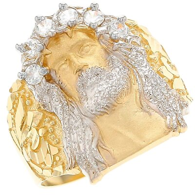 #ad 10k or 14k Two Tone Gold White CZ Jesus Religious Mens Ring $384.99
