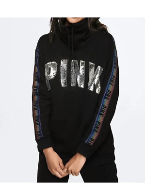 Victoria’s Secret PINK Sequin Bling Campus Cowl Neck Black. Size Medium. NWT $48.99